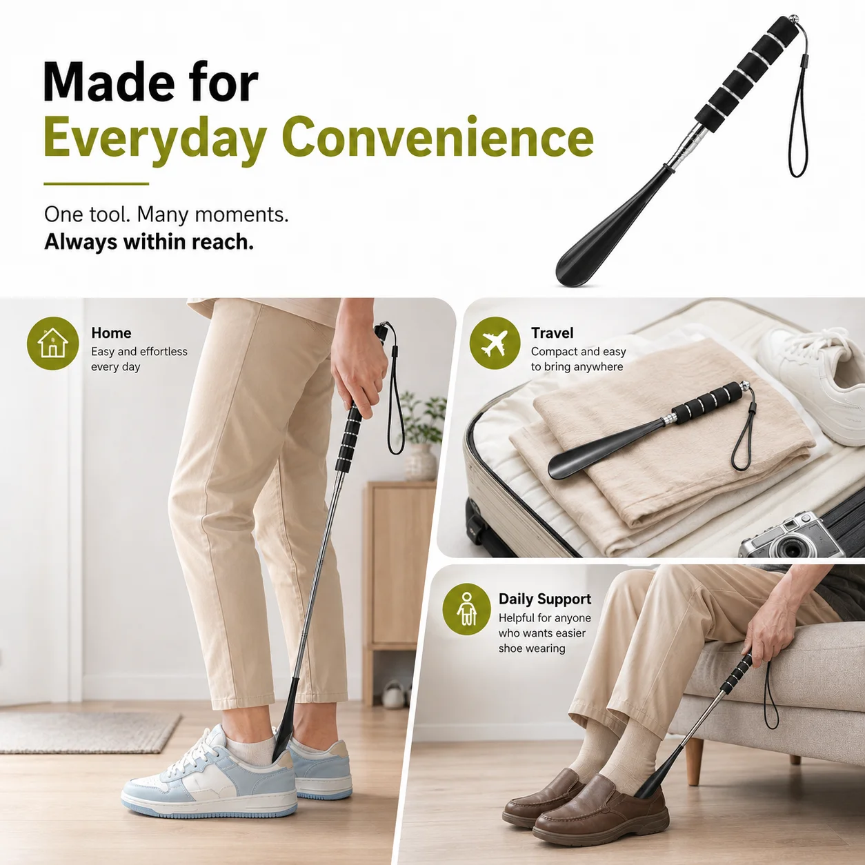 Portable Telescoping Shoe Horn Long Handle, Adjustable Shoe Helper with Stainless Steel Handle, Soft Grip and Hanging Strap for Travel Home Boots Sneakers