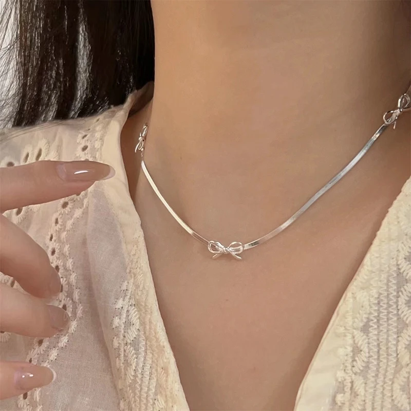 

925 Sterling Silver Bow Necklace Fashion Personality Snake Bone Chain Choker Birthday Party Gift for Women Exquisite Jewelry