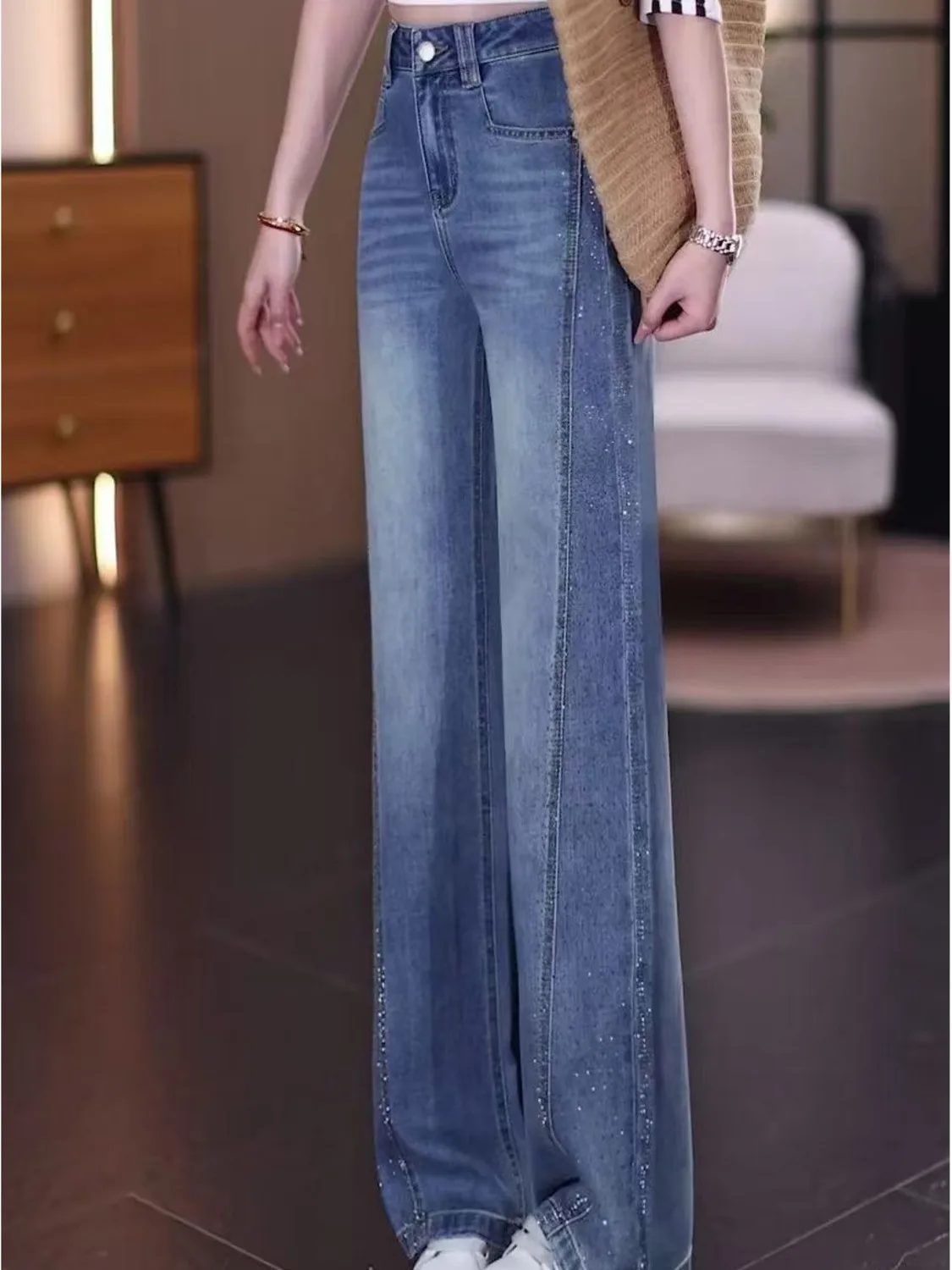 Women's Vintage Washed High Waist Wide Leg Jeans Rhinestone Side Detail Fleece Lined Denim Pants Cropped & Full Length