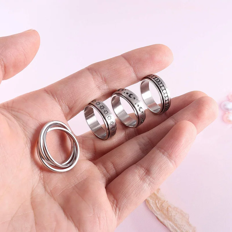 Stainless Steel Anxiety Ring For Women Moon Star Chain Spinner Fidgets Ring Rotate Freely Spinning Anti Stress Men Rotating