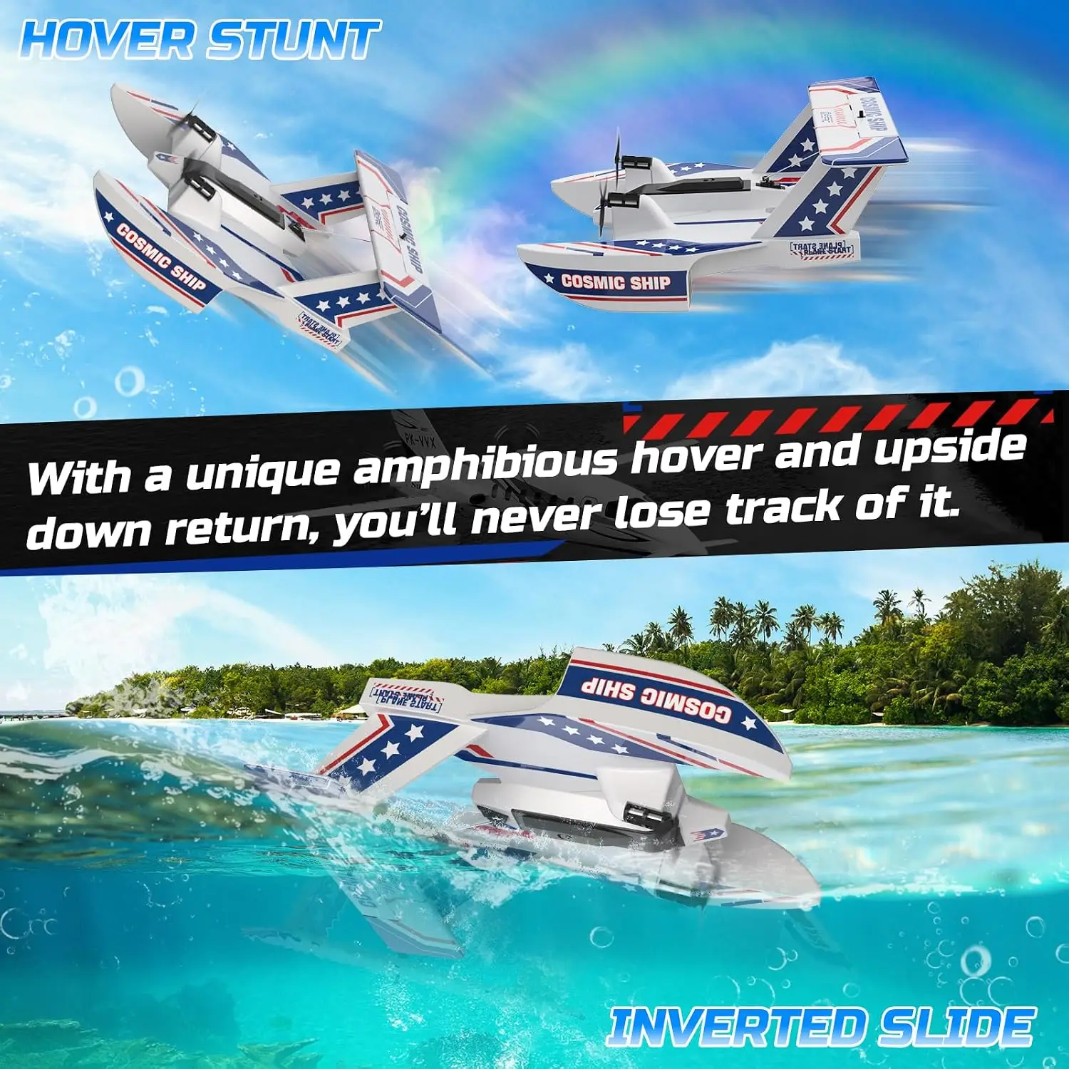 3CH Amphibious RC Plane for Water, Land & Air, Remote Control Airplane Flying Boat Toys,2.4GHz 6-axis Gyro Stabilizer RTF Glider