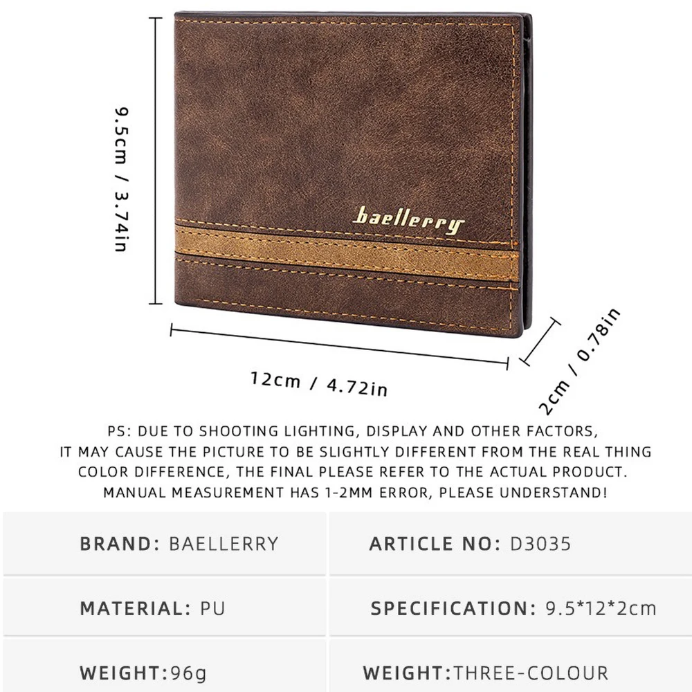 Baellerry 솔리드 쉐이드 남성용 지갑, 부드러운 PU 가죽 미니멀리스트 짧은 이중 접이식 매일 사용