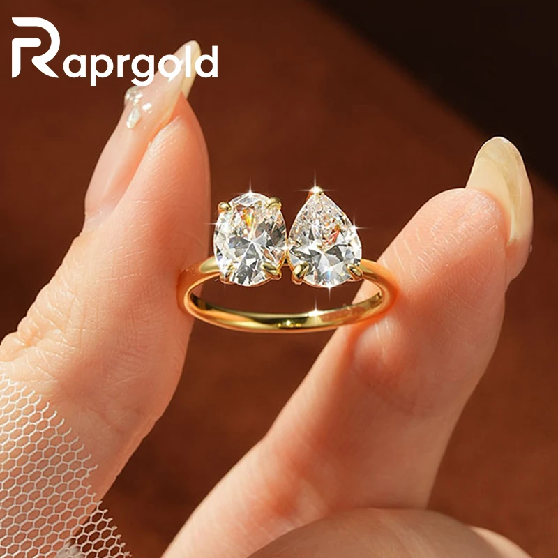 raprgold-レディース用2石リング-ペアーオーバルカット-キュービックジルコニア-14kゴールドメッキ-婚約-結婚式-ジュエリーギフト