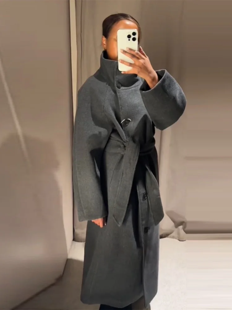 معطف صوفي طويل أنيق للنساء أنيق غير رسمي بياقة واقفة ورباط علوي معطف عالي الجودة 2025 ملابس خارجية للشتاء للتنقل اليومي