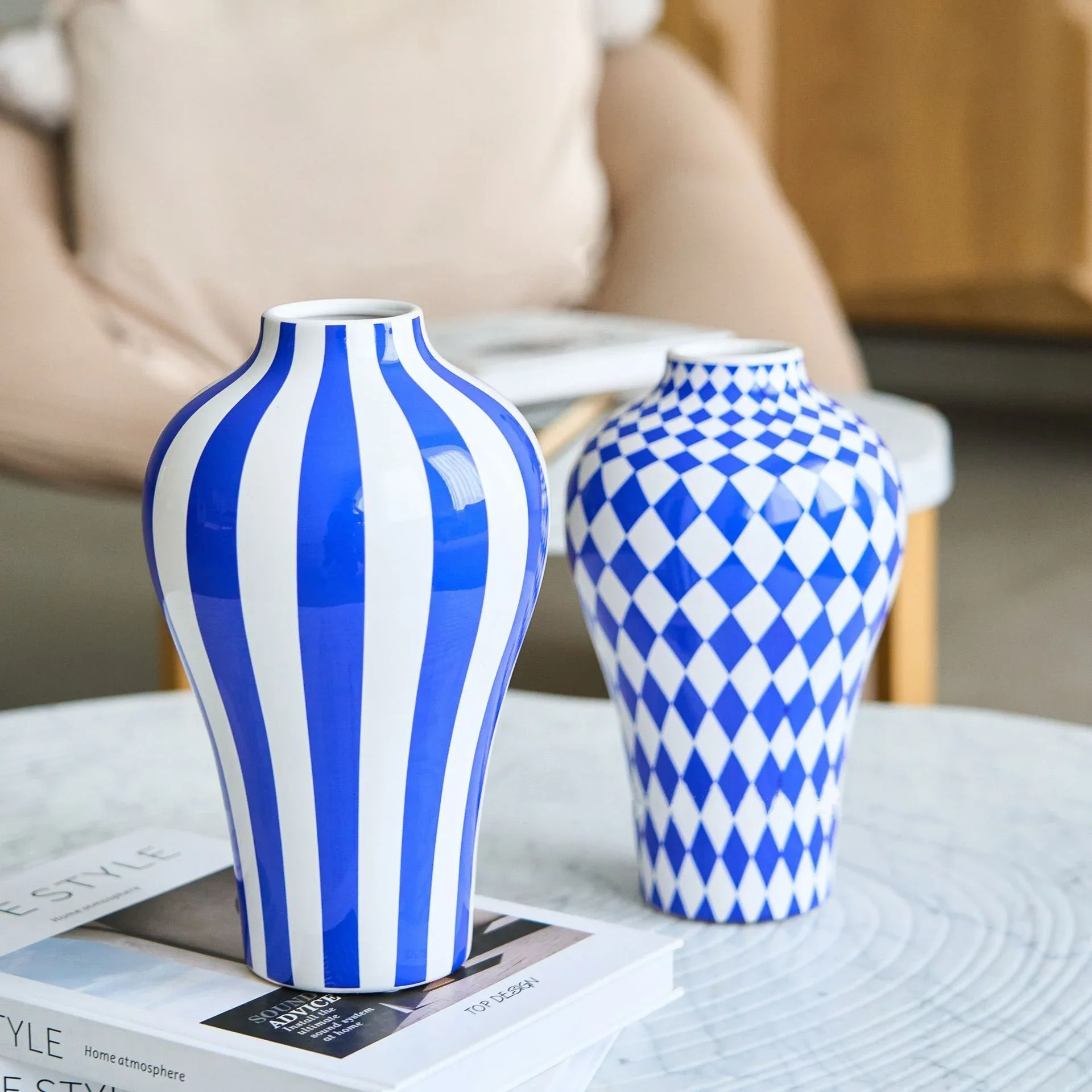 

Ceramic Vase Blue Geometric Quilted Pattern Polka Dots Flower Arrangement Accessories Ceramic Crafts Home Decoration