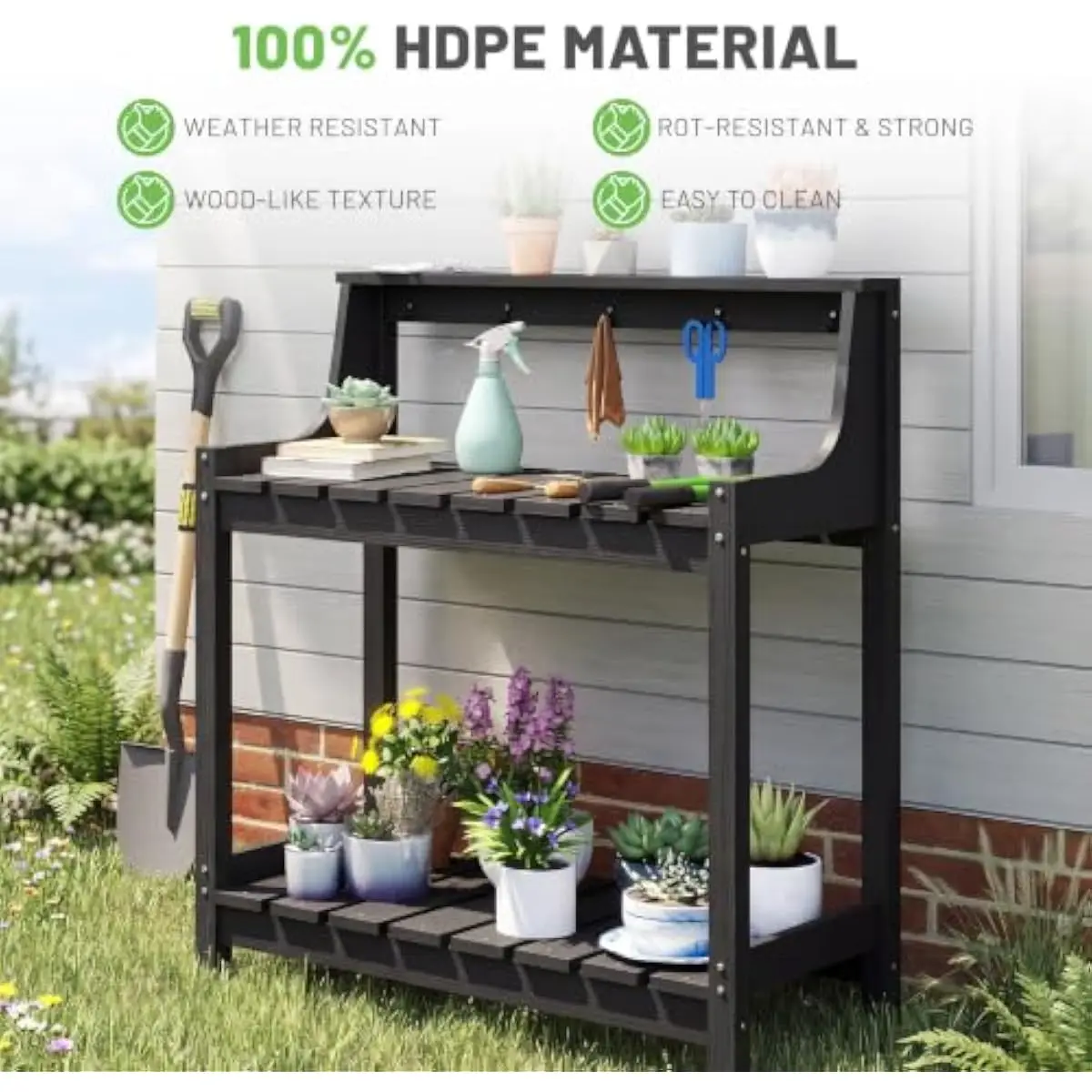 Outdoor HDPE Potting Station with Ergonomic Height Drainage Platform Smart Tool Hooks Rustproof Stainless Steel Frame Weather Re