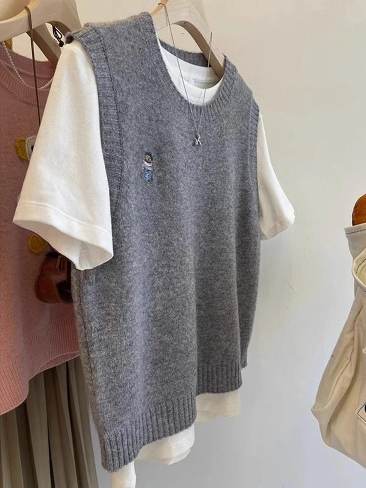 

Comfortable Soft Knitted Woolen Vest Loose Fit round Ne Pullover Base Layer irt Poem Art Linen Women's Faion Commute Sle