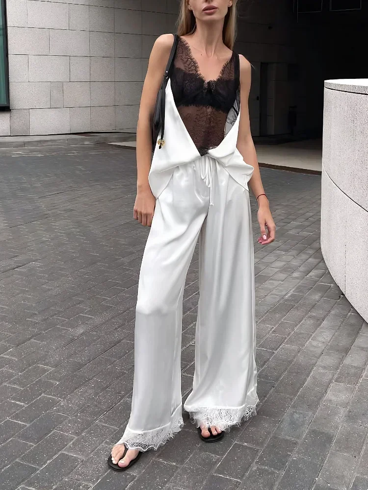 

Women Chic Lace Patchwork Wide Leg Pants Set Elegant Sleeveless Off Shoulder See Through Sling Top Suit 2026 Holiday Outfits