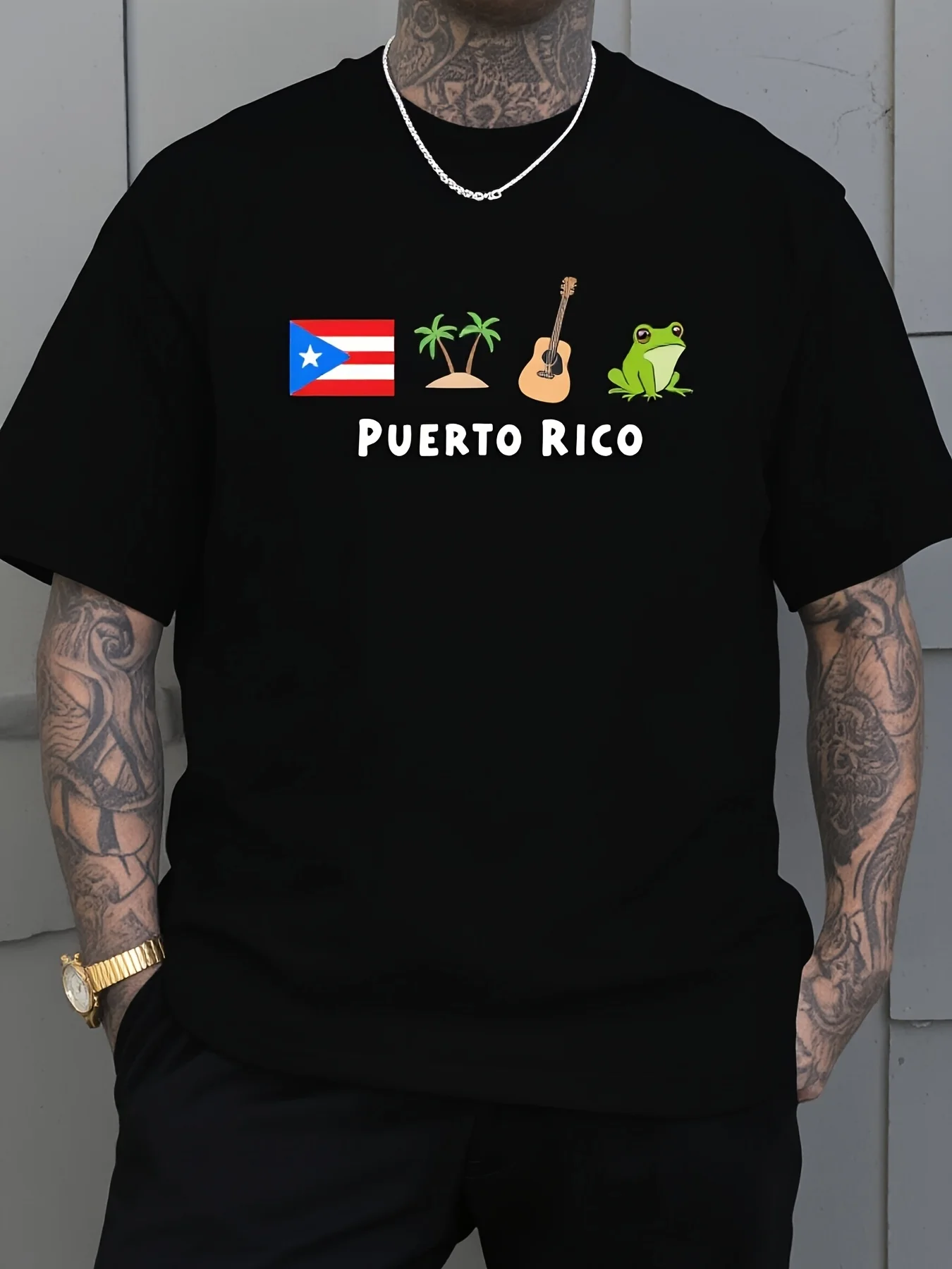 Men's Puerto Rico Printed T-shirt, Bright Pattern Short-sleeved Shirt, Summer Leisure Culture Symbol Shirt, Breathable Round Neck Regular Version Micro-elastic Fabric, Heat Transfer Printing Comf1pure Cotton, Breathable and Sweat-absorbing Soft