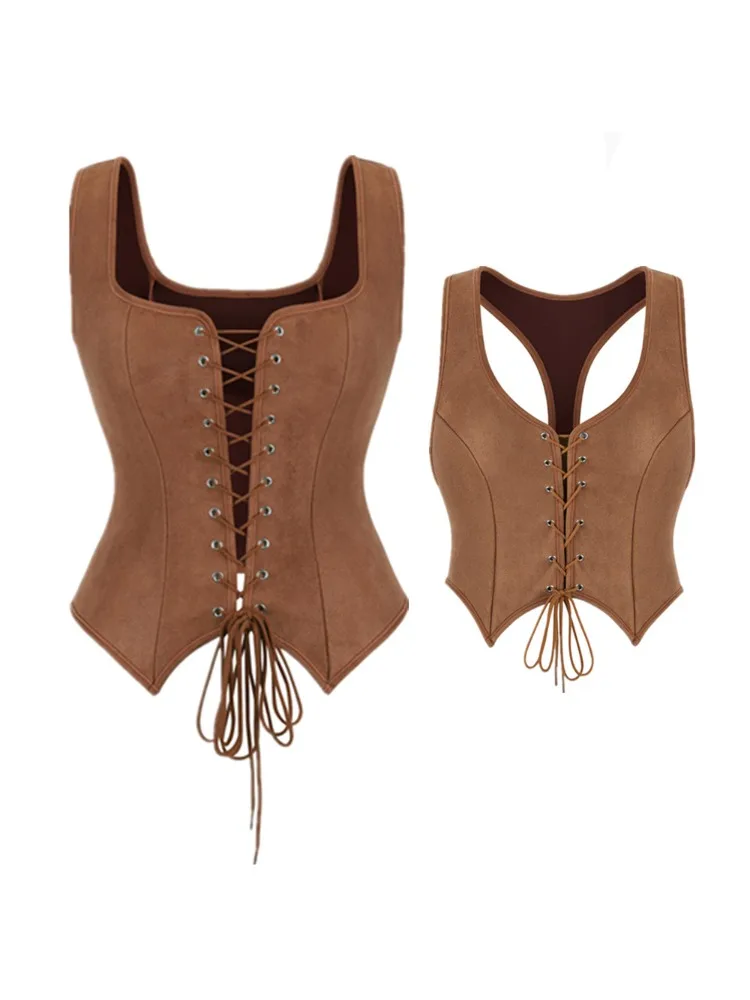 WSHKING Medieval Women Vintage Suede Corset Top Victorian Pirate Lady Waistcoat Renaissance Cosplay Halloween Costume