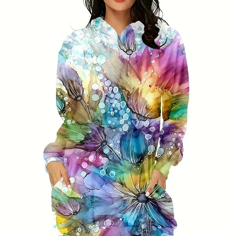 Trendy spring and autumn women's floral 3D pattern hooded sweatshirt dress, elegant long skirt fashion sweatshirt dress