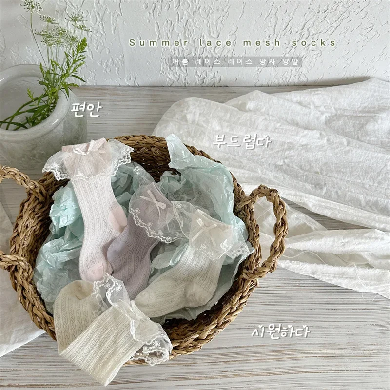 

Летние милые носки принцессы для детей, модные однотонные носки до середины икры с рюшами и бантом для девочек, детские тонкие дышащие мягкие хлопковые носки