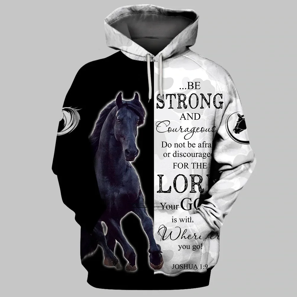 

HX Friesian Horse Hoodies 3D Graphic Black and White Hoodies Animals Horse Printed Sweatshirts Fashion Casual Men Clothing