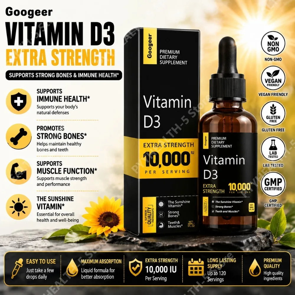 Vitamina D Líquida 10,000 UI Extra Fuerte, de Rápida Absorción, Apoya la Salud Ósea, con Vitamina C y Calcio, 30 ML Neto