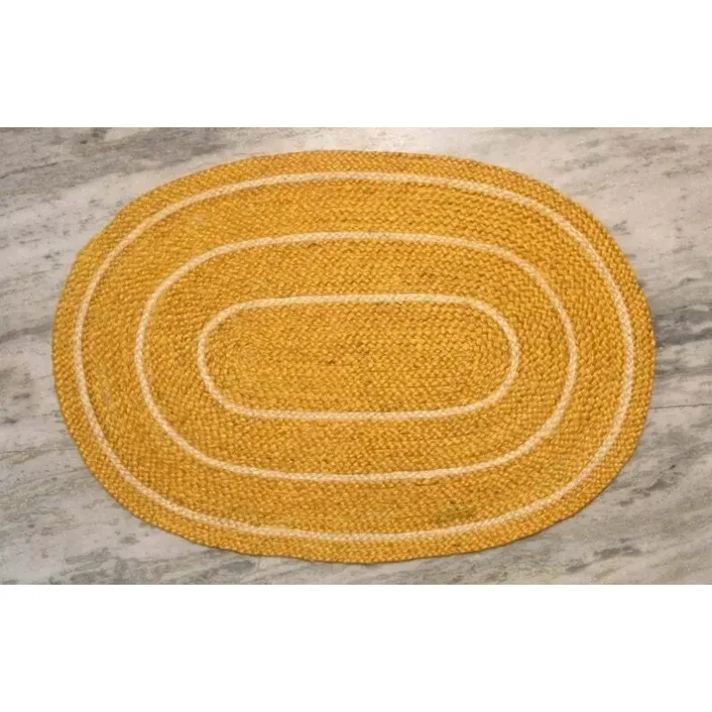 

Jute Oval Carpet Handmade Yellow and White Striped Oval Carpet Meditation Carpet Rugs for Bedroom