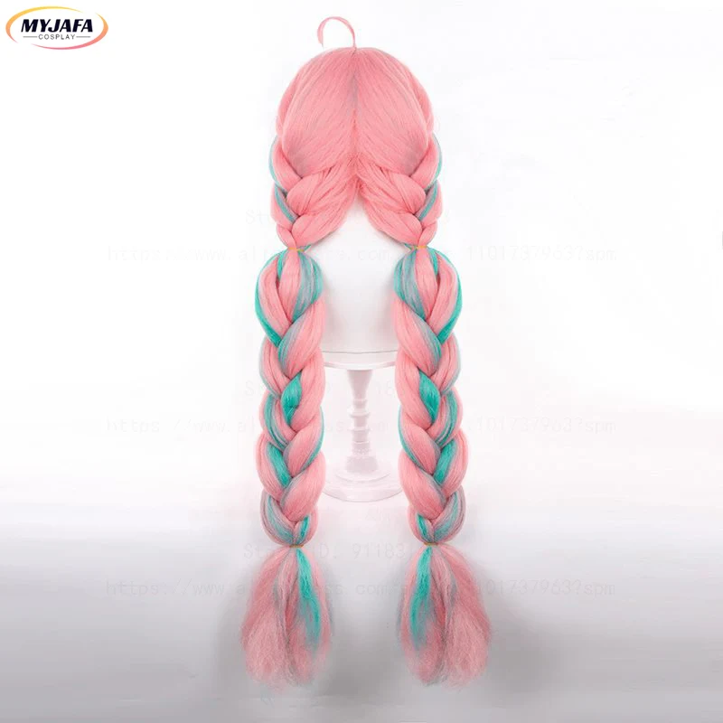 High Quality Varesa Cosplay Wig 100cm Long Braided Pink Green Mixed Heat Resistant Synthetic Hair Anime Cosplay Wigs +WigCap