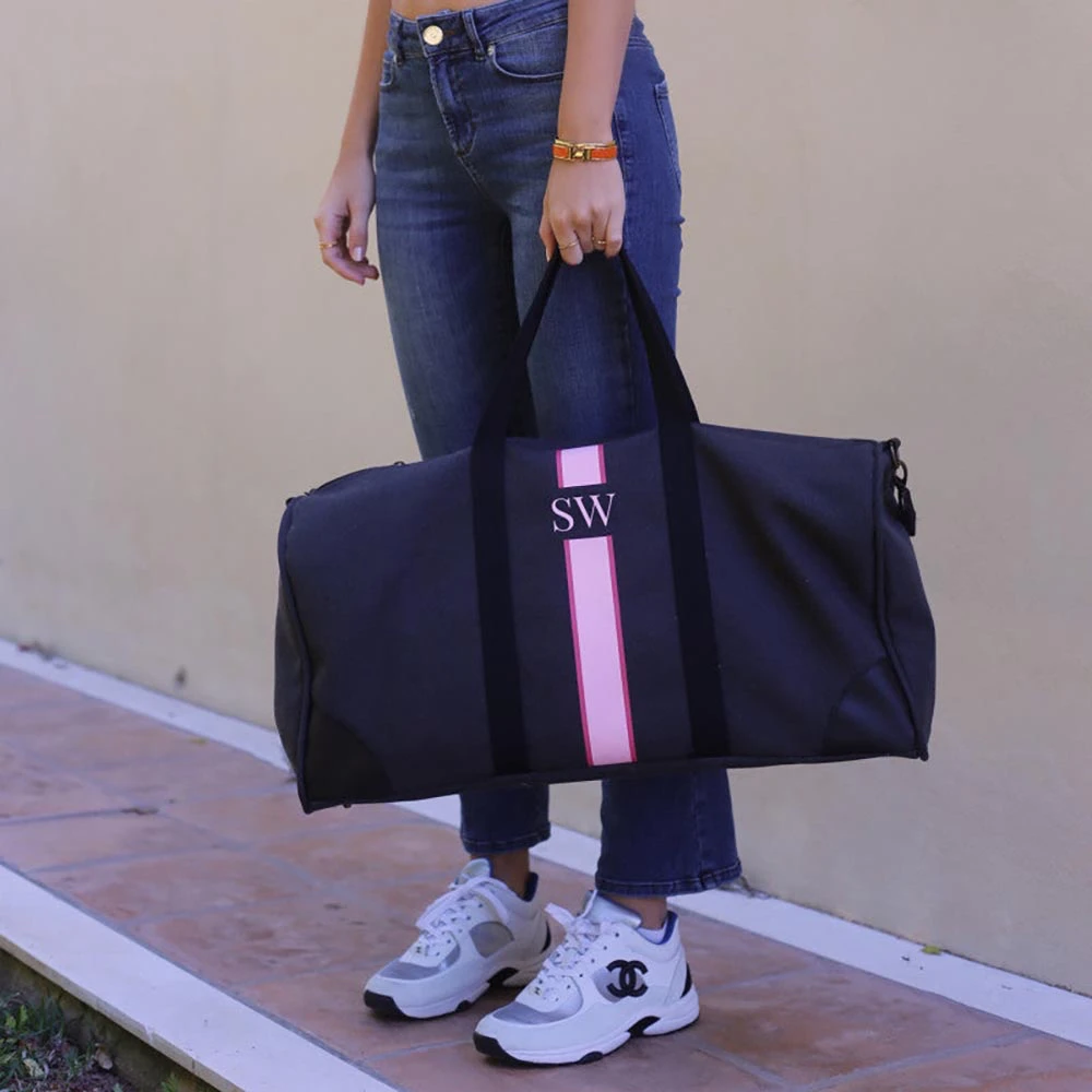 

Тенденции Вертикальные полосы с принтом Женская дорожная сумка Настраиваемые буквы из льна Большая вместительная пляжная дорожная сумка Оптовая продажа