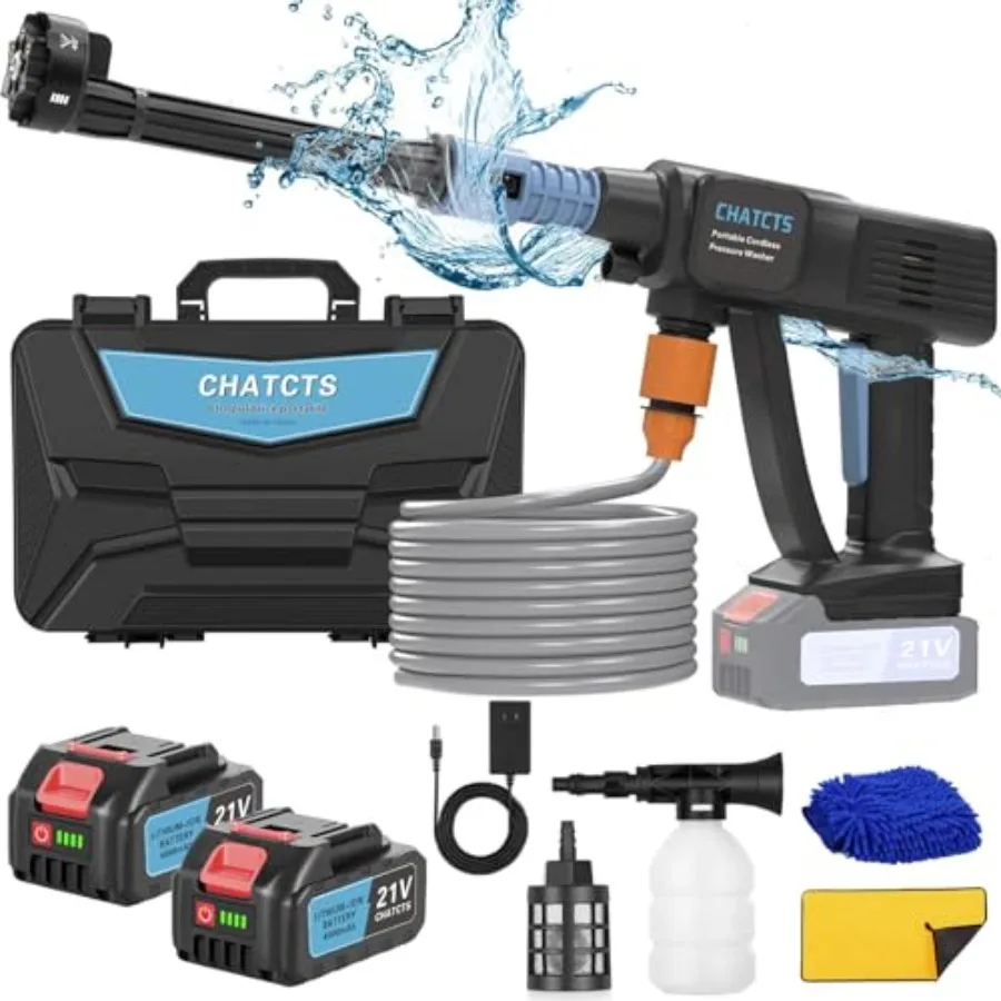 

Portable Cordless Pressure Washer 980PSI with 2 Batteries 6 in 1 Nozzle 5 Meter Hose White for Car Washing Floor Cleaning Water
