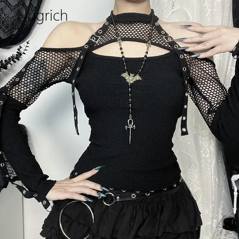 Damen Gothic Cold Shoulder Top Halter Fishnet Patchwork Lace Up Cutout Slim Langarm-T-Shirt Halloween Club Schwarz