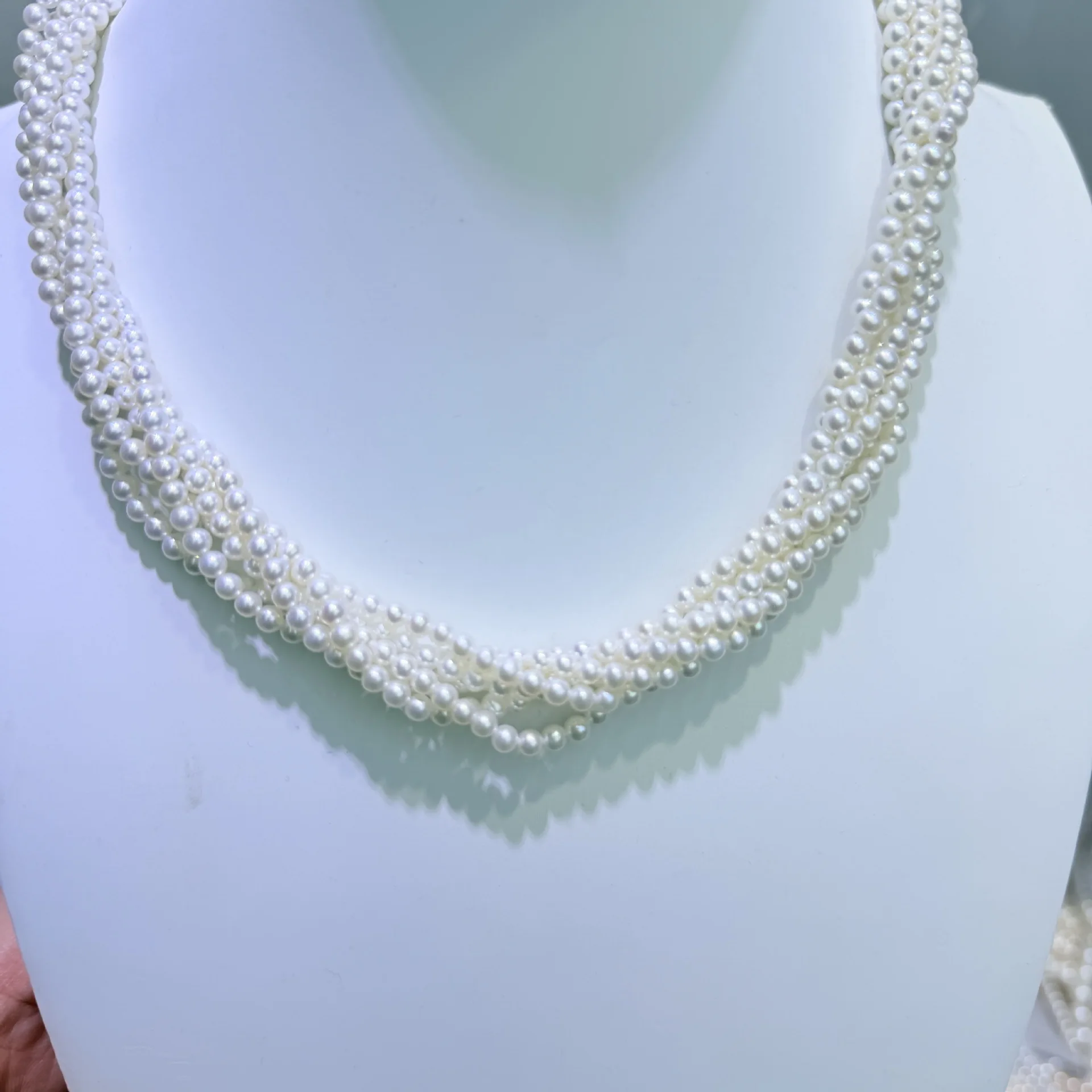 3‑4mm Twisted Natural Freshwater Pearl Necklace Multi‑Layer Braided 925 Silver Clasp Women Choker