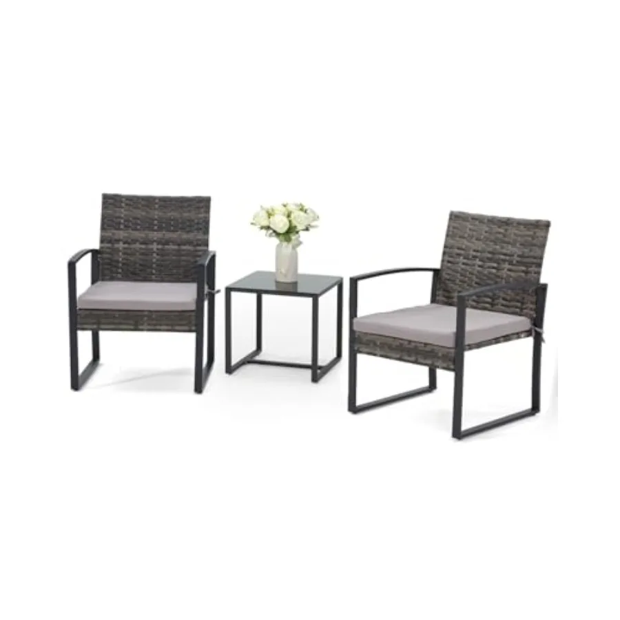 3-Piece Patio Furniture Set for Backyard, Porches, Poolside, Lawn and Balcony: Grey Wicker Bistro Set with 2 Straight Arm Chair