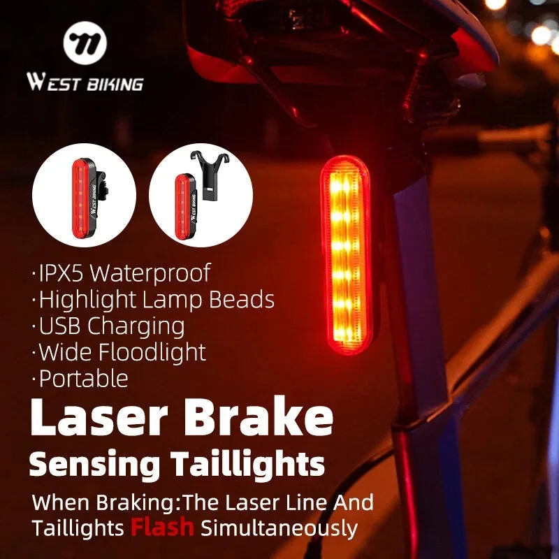 Feu arrière intelligent pour vélo WEST BIKING, rechargeable par USB-C, avec détection de freinage, laser, étanche, pour la sécurité nocturne à vélo