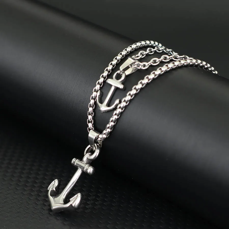 Hiphop Anchor Necklace For Men 2Pcs/Set Stainless Steel Cuban Chain Collar Outdoor Motorcycle Cool Riding Neck Accessories Punk view 5