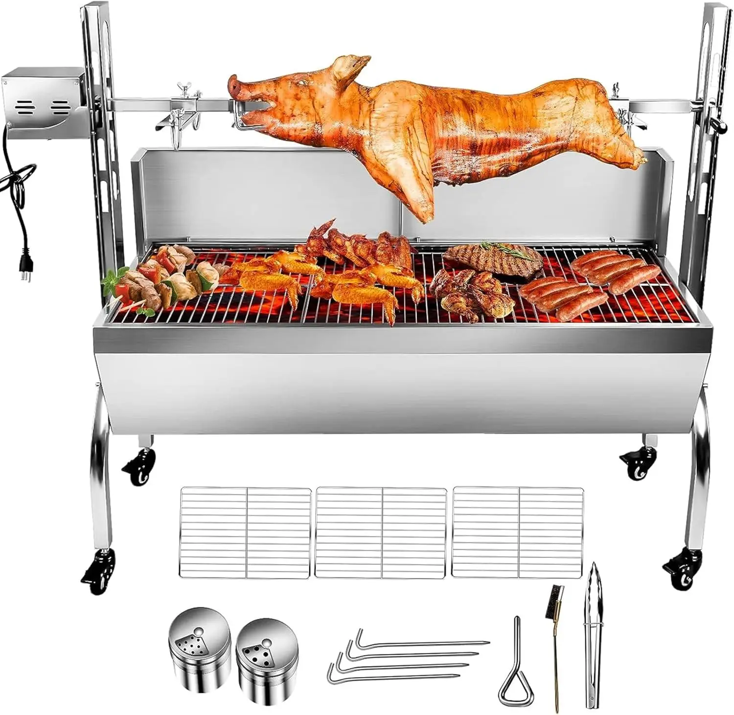 176 Lbs Stainless Steel Rotisserie Grill With Back Cover Guard, 25W Motor Small Pig Lamb Rotisserie Roaster, 48.7 Inch Bbq