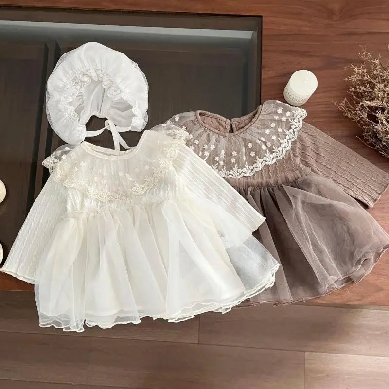 

2024 Autumn New Baby Girl Long Sleeve Dress Infant Toddler Lace Collar Princess Dress Solid Cute Girls Gauze Dress Baby Clothes