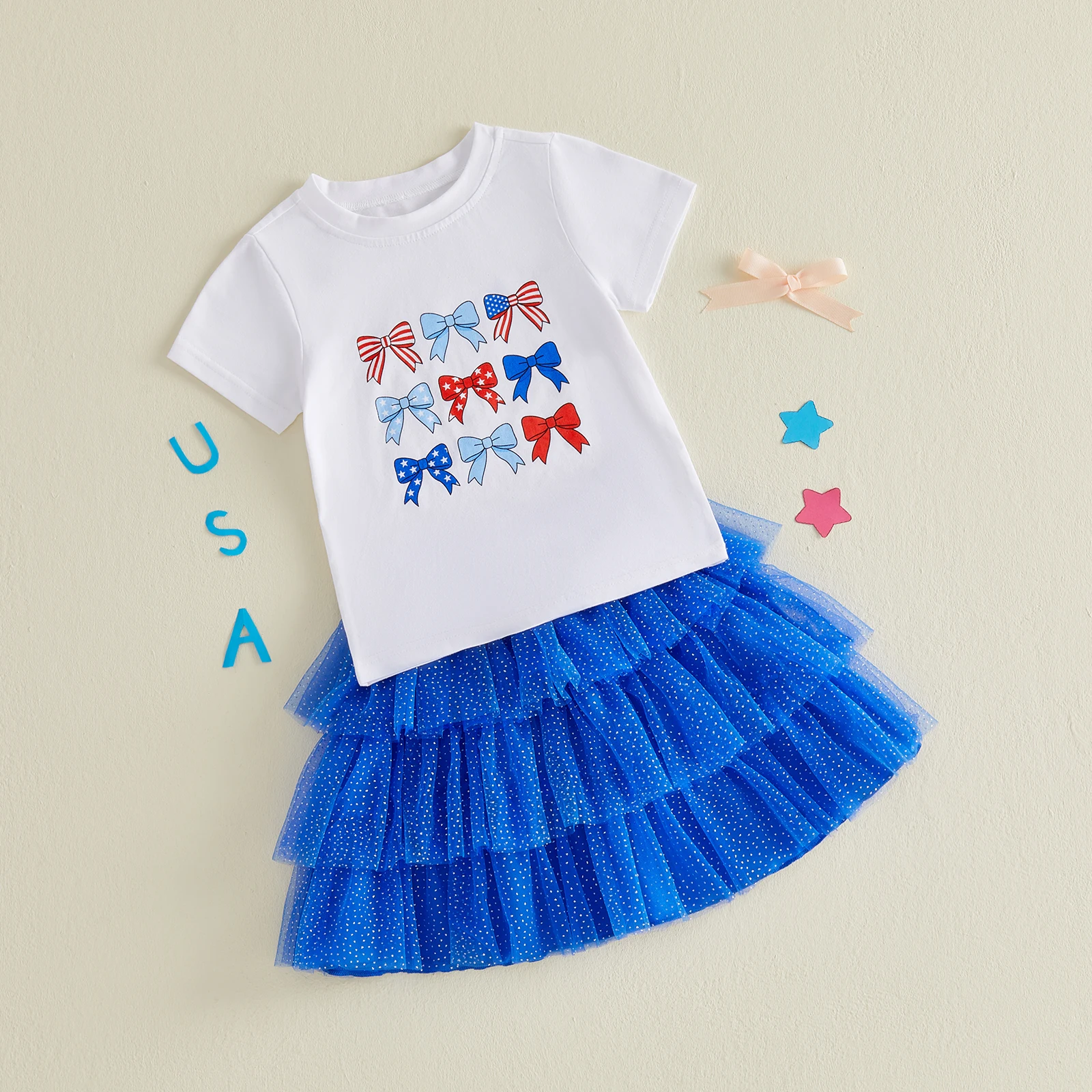 Toddler Baby Girl Patriotic Outfit Fashionable 4th of July Short Sleeve Bow Printed Tops with Rhinestone Tulle Skirt 2Pcs Set