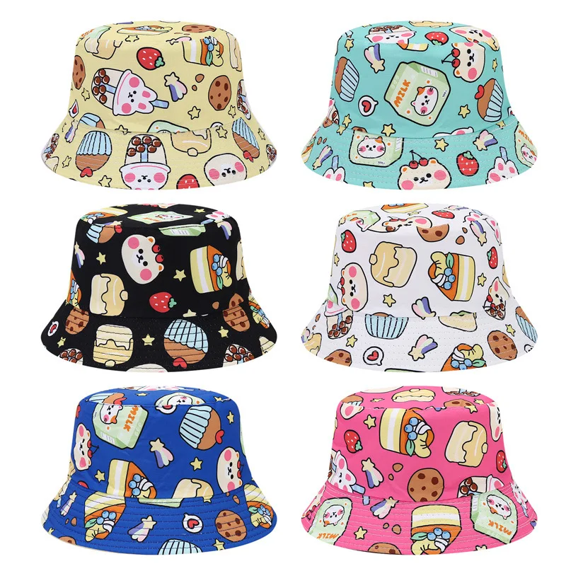 Bocca Children Bucket Hat Cartoon Fisherman Hats Girl Boy Kids Panama Cap Rabbit Cake Pattern Double Sides Outdoor Shading Sun