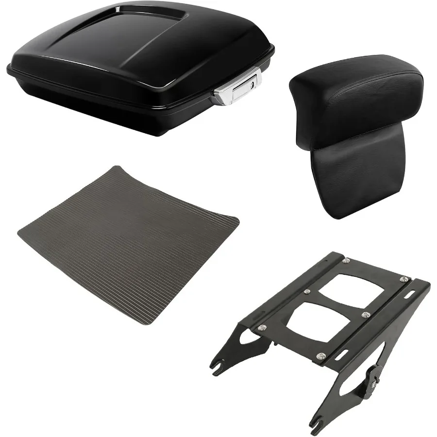 

5.5 Vivid Black Razor Trunk Luggage with Backrest Pad and Black Mount Rack for Harley Touring Models Including Road King Street
