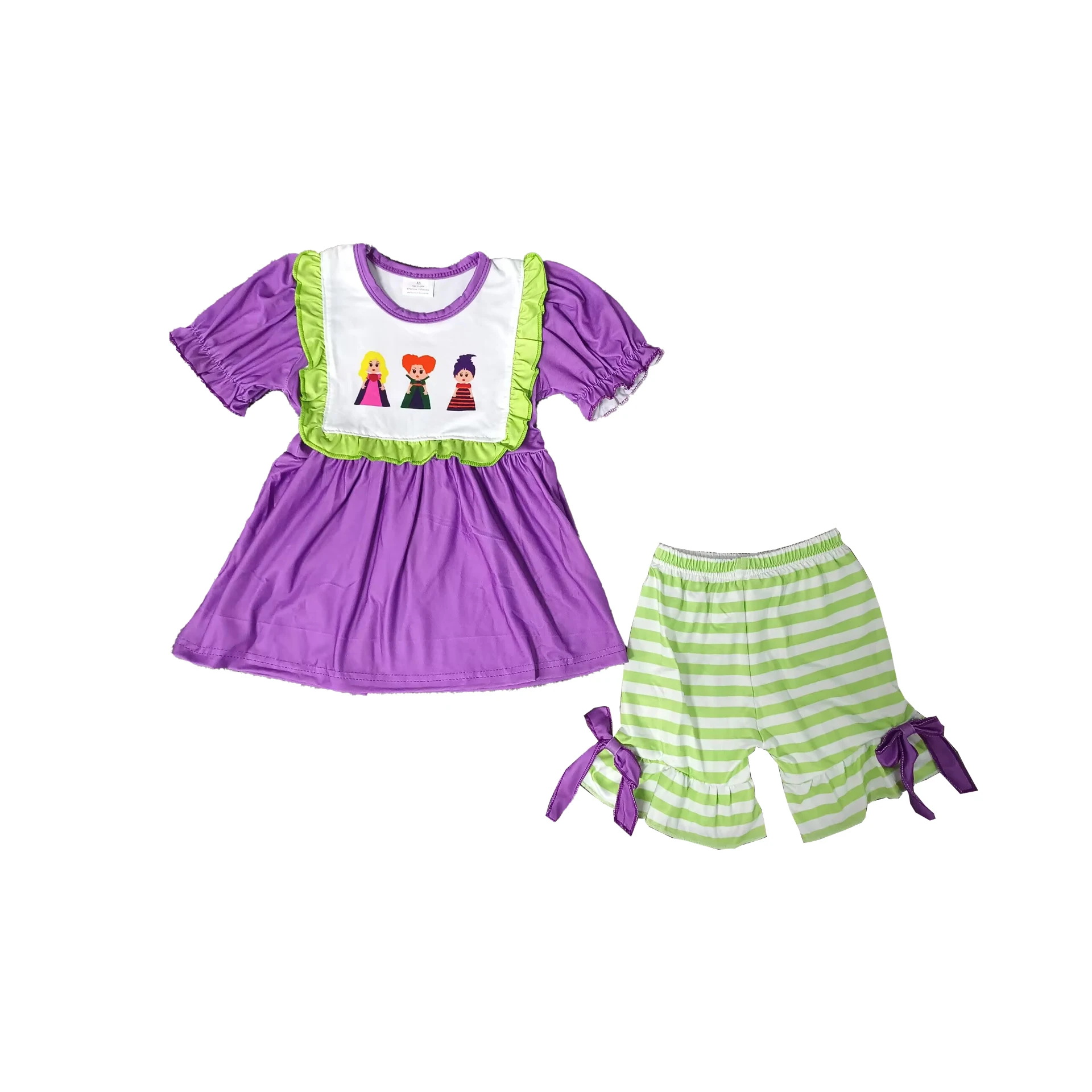 

New Girls Halloween Outfits Fashion Purpel Girls Short Sleeve Shirt Witch Shorts Set