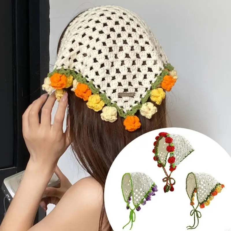 Elegant Flower Trim Knitted Head Scarf Bohemian Headwrap WOmen Travel Essential