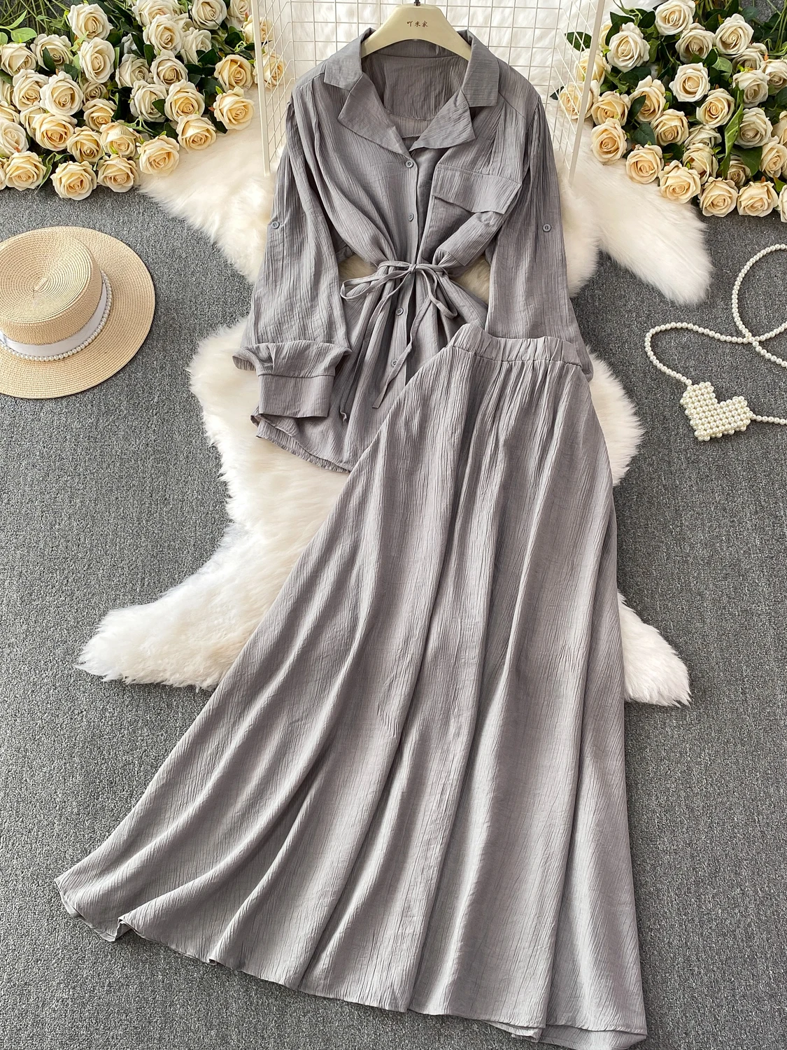 SuperAen Fashion Oversize Women Autumn New Casual Lace-up Waist Notched Long-sleeved Shirt High-waisted Long Skirt Sets