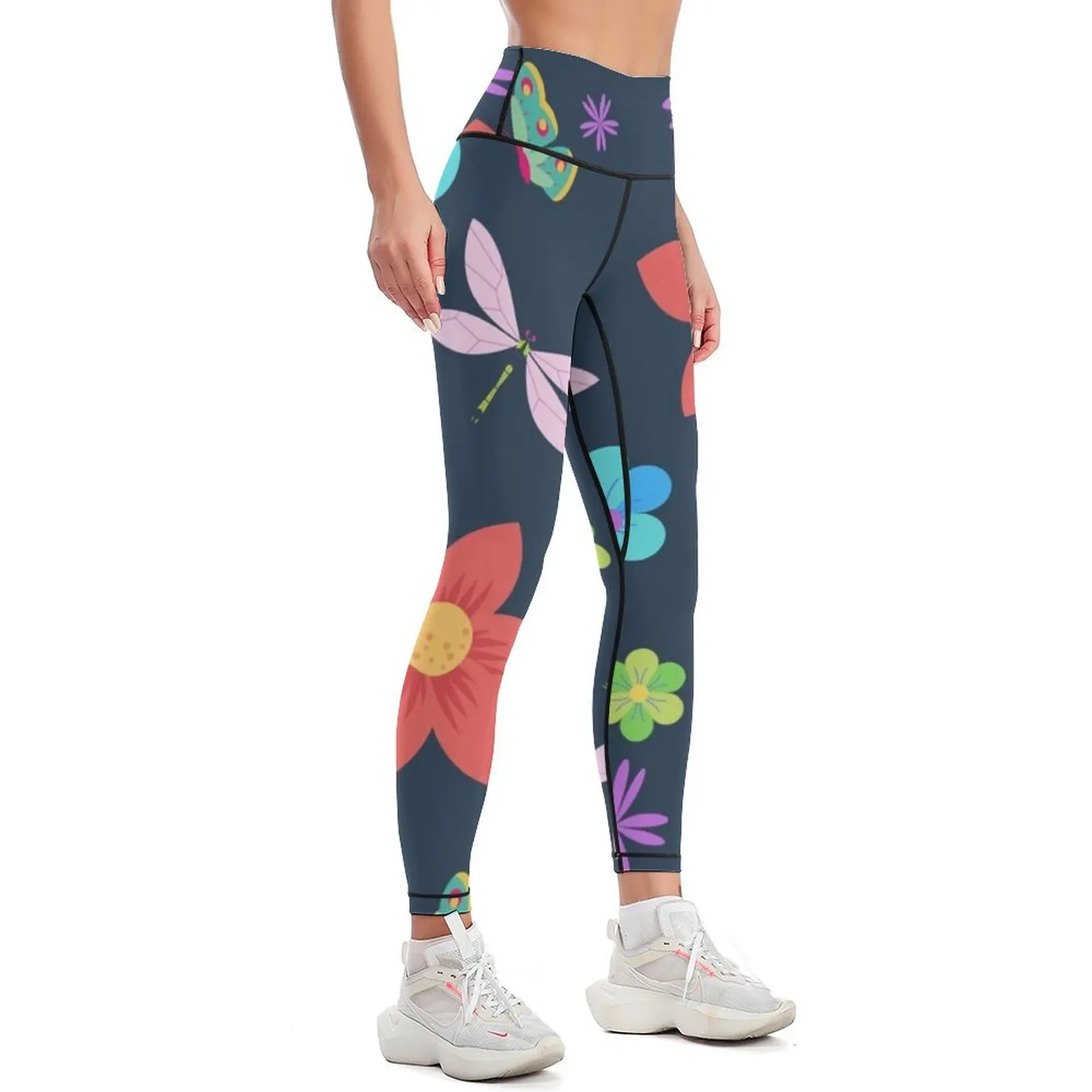 Flower, dragonfly and butterfly pattern with dark blue background. Leggings workout clothes for gym's clothing Womens Leggings