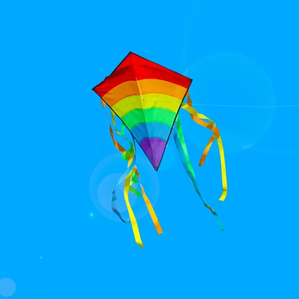 Cometa de arcoíris colorida fácil de volar con colas múltiples, cometa para niños voladora, línea de cometa Ripstop de 80 metros, cometa de diamante para playa