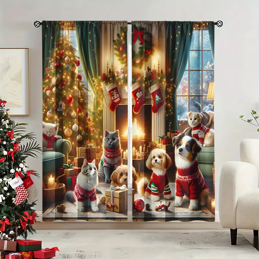 2PCS Christmas Winter Curtains, Cozy Pet Dog Cat Sweater Fireplace Tree Gift, Digital Print, Bedroom Living Room, Home Decor