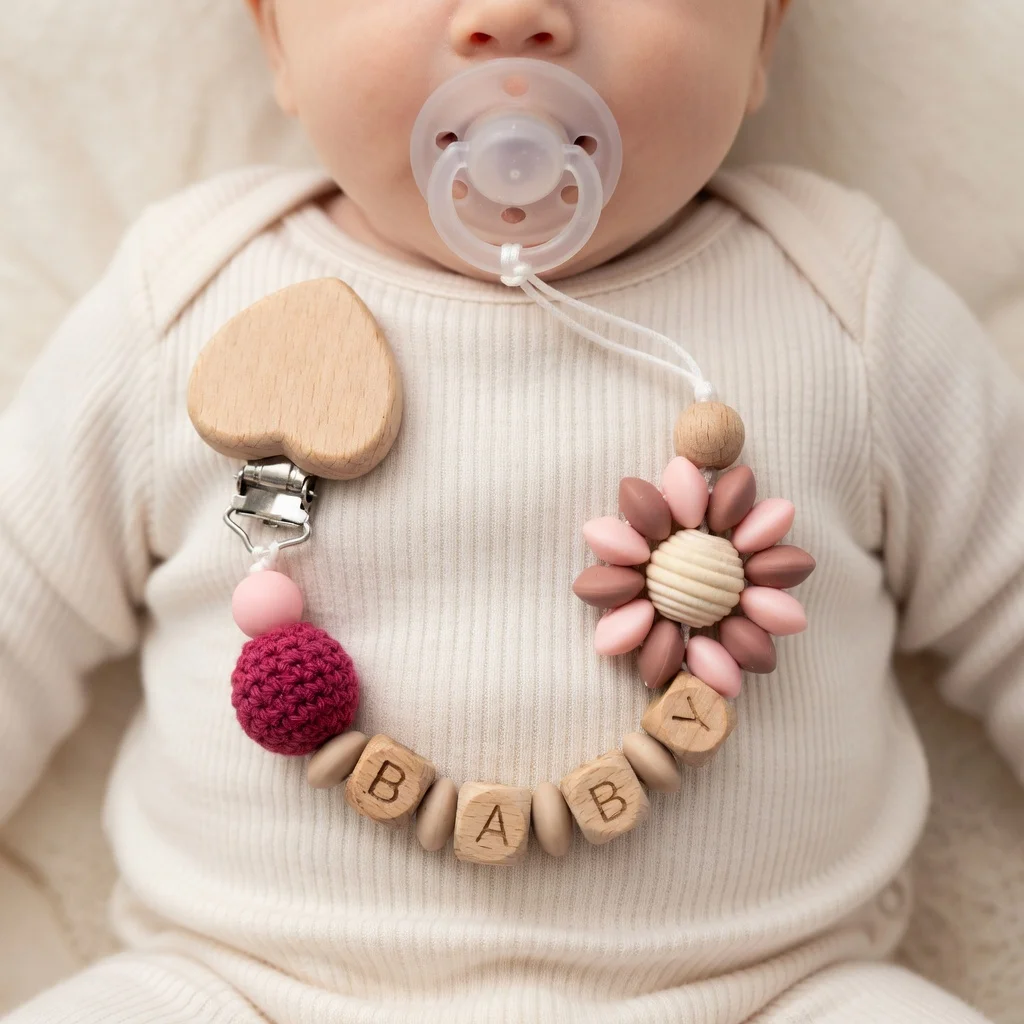 Personalized Name Handmade Beech Wood Pacifier Clip Holder Chain Pink Flower Heart Silicone Beads Baby Teether BABY Letter Gift