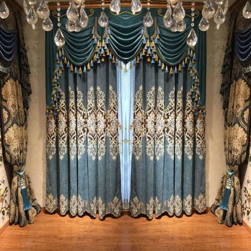 3D blue curtains Luxury Embroidery Curtain Green Blue Polis Brand drape extreme blackout drapery new design for widnow W 2.5 M