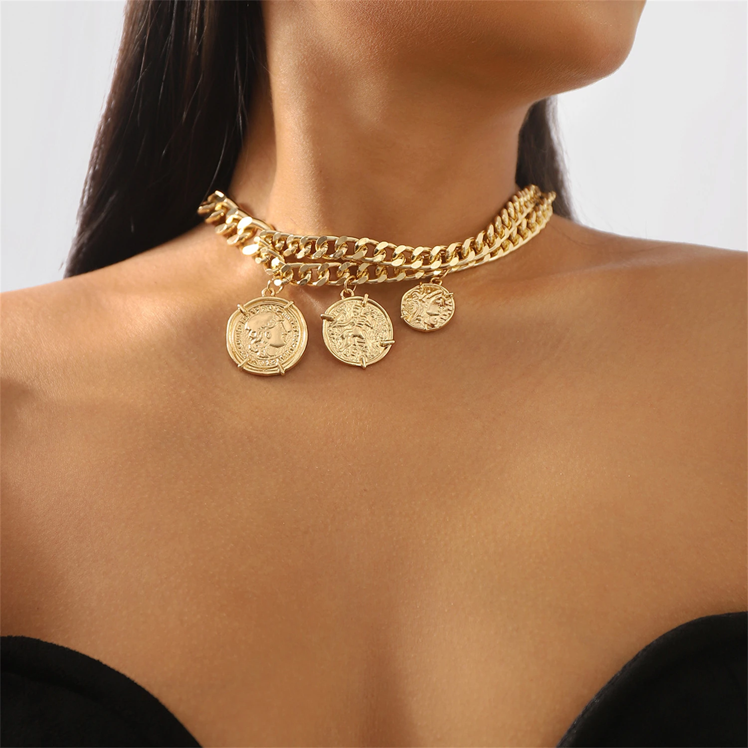 

Chunky Chain Choker Necklace for Women Vintage Coin Pendant Charm Layered Statement Jewelry Punk Gothic Adjustable Accessories