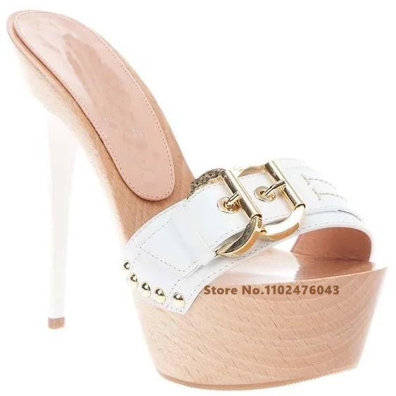 Platform Stiletto Heel Slipper Luxury Design Peep Toe Belt Buckle Metal Decorative Sandals Women Summer Sexy High Heel Shoes