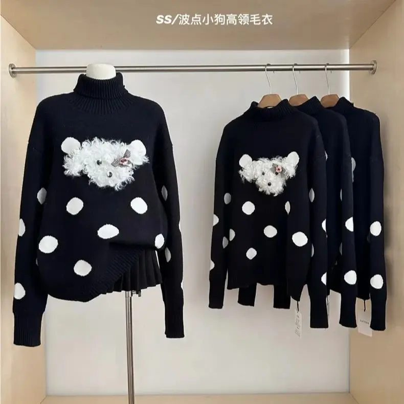 Polka Dot Puppy Turtleneck Sweater Women Autumn and Winter Design Korean Cute Loose Warm Pullover Top