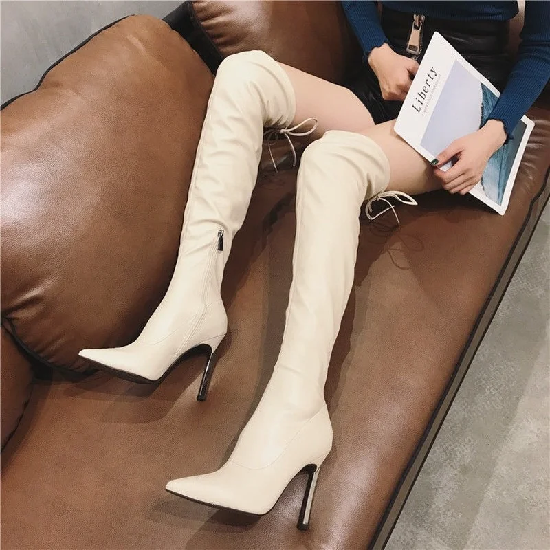 Women Autumn Winter Over The Knee High Boots Sexy Thin Pointed Toe Thigh Woman Shoes Mid Heels Long Pipe Pumps Off White Female