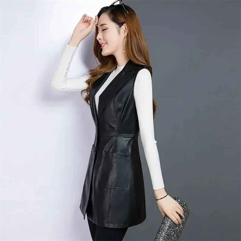 Faux Leather Vest Women\'s Clothing 2022 PU Autumn Jacket Korean Solid Sleeveless Vest Mid Long Coat Female Waistcoat Outerwear