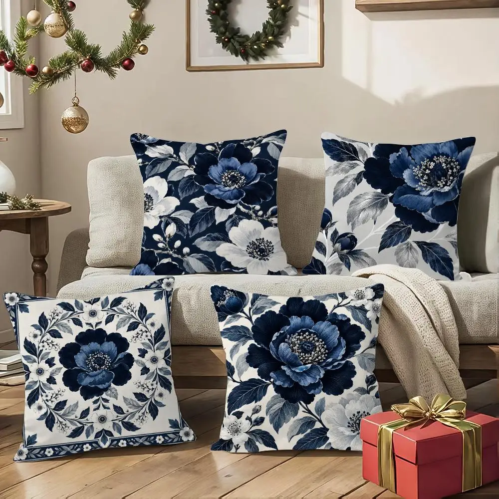 Blue Peonies Elegant Romantic Cushion Cover 1/4Pcs Soft Plush Throw Pillow Cover Double-Sided Print Sofa Living Room Decor