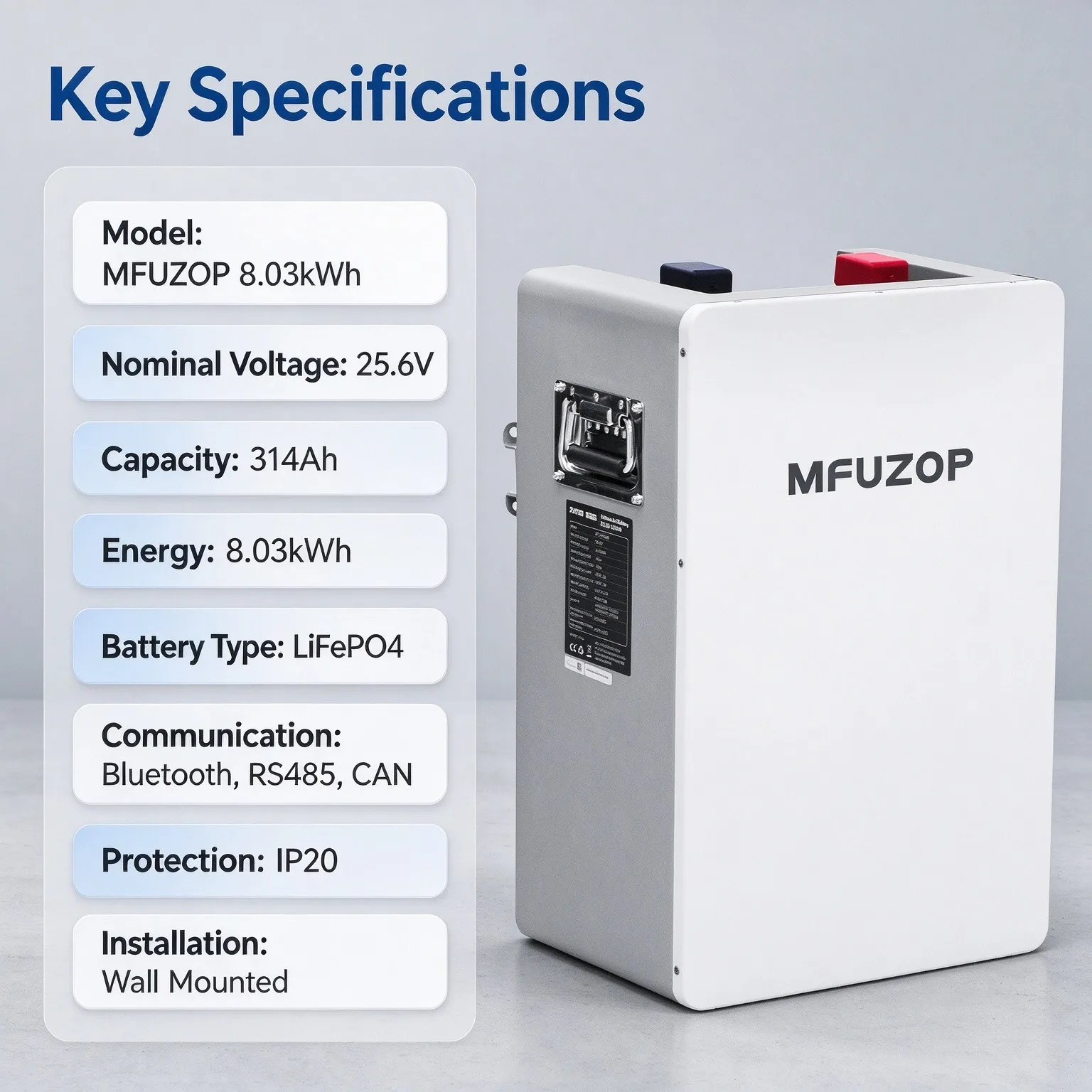 MFUZOP 8.03kWh LiFePO4 Battery Pack 25.6V 314Ah Wall Mount Solar Energy Storage Built-in Smart BMS Bluetooth RS485 CAN Max 15 Units Parallel Home Off-Grid Backup Power