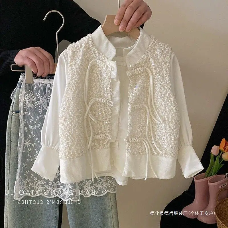 

2024Girls' New Heavy Embroidery Sequins Spring and Autumn New Chinese Style Long-Sleeved Shirt Western Style Buckle Vest Stand C