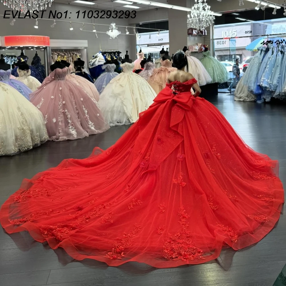 EVLAST Customized Sparkly Red Quinceanera Dress Ball Gown Flowers Applique Beading Bow Corset Sweet 16 Vestido De 15 Anos E1Q234