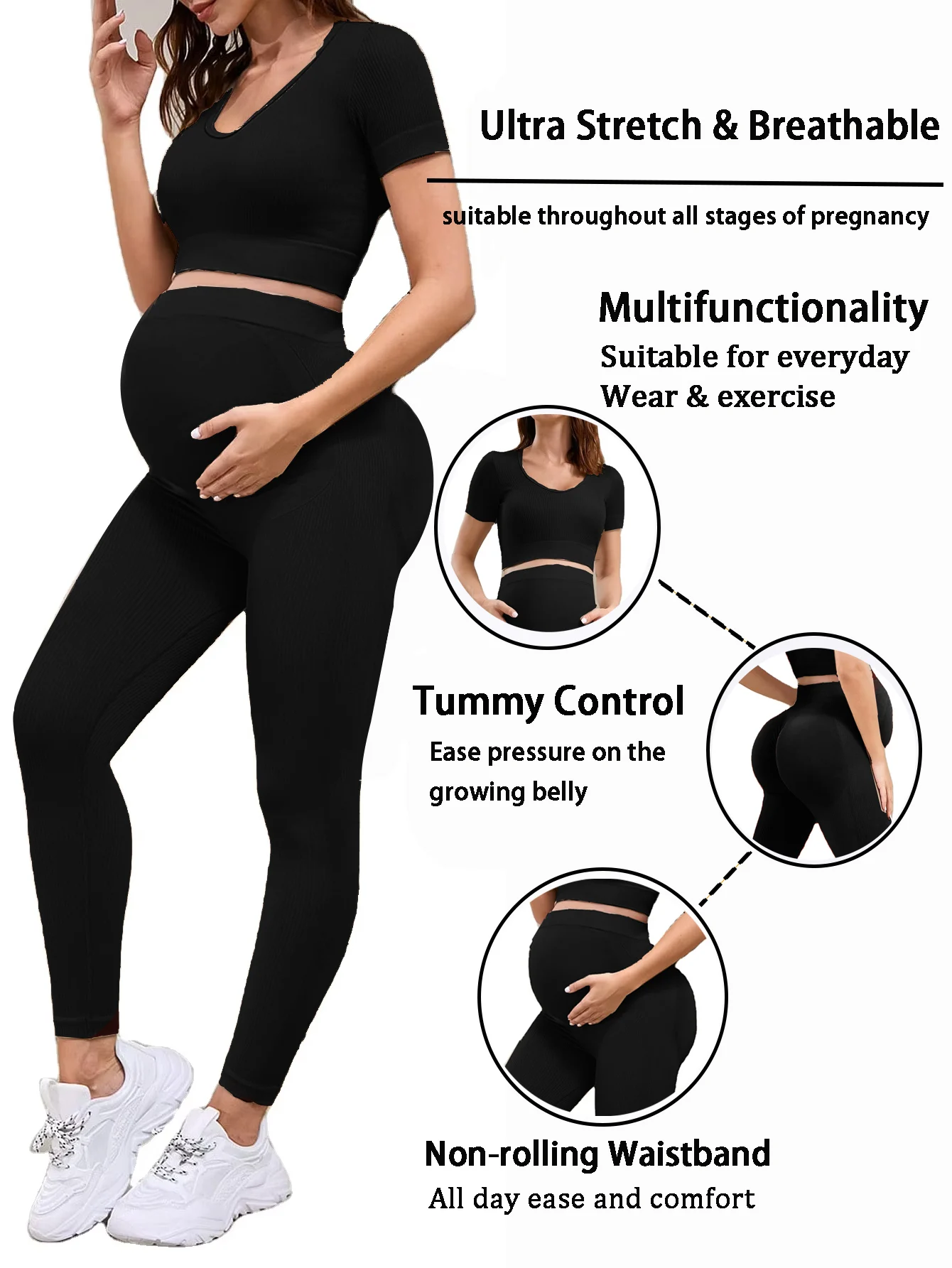 Ribbed Seamless Maternity 2 Piece Outfit Short Sleeve Crop Top High Waist Belly Support Leggings Pregnant Women Yoga Gym Workout